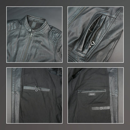 Black leather jacket with mandarin collar, quilted shoulders, and slim fit.
