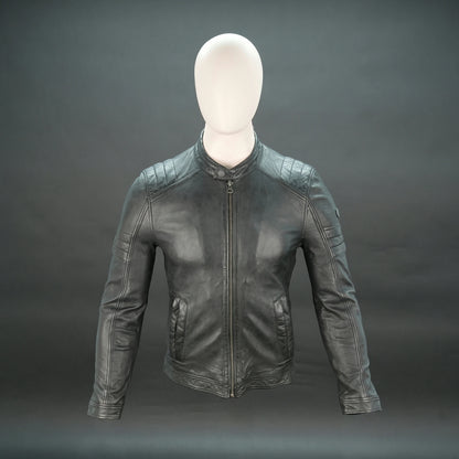 Black leather jacket with mandarin collar, quilted shoulders, and slim fit.