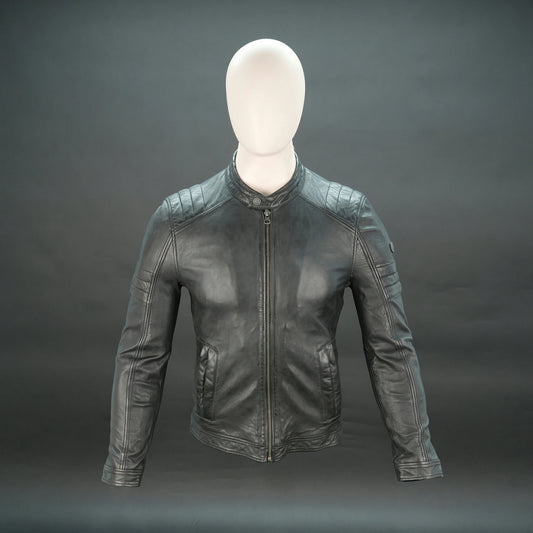 Black leather jacket with mandarin collar, quilted shoulders, and slim fit.