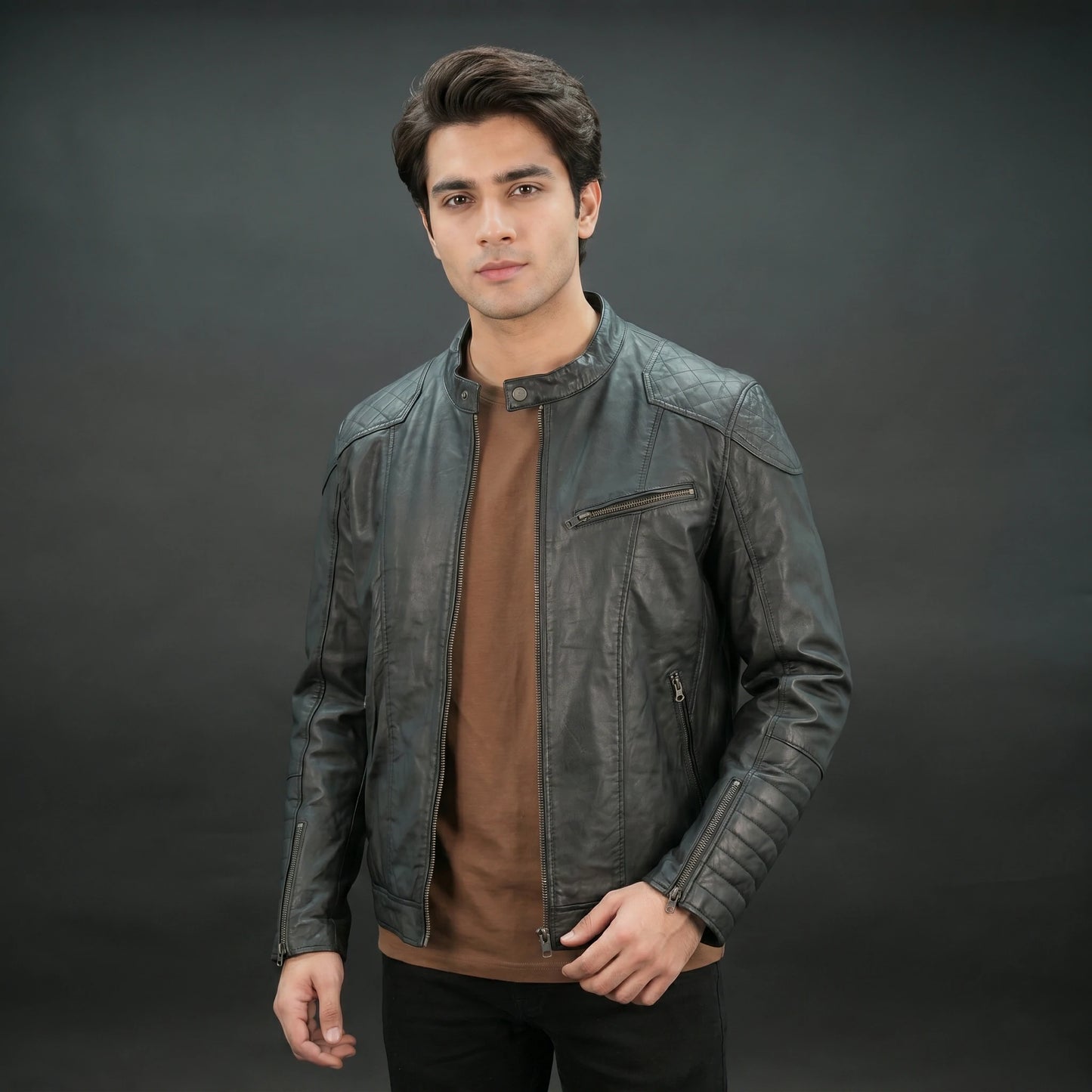 Men's Black Leather Biker Jacket - Quilted Shoulder Zip-Up Moto Jacket
#Desiderio #BikerJacket #LeatherJacket #MotoJacket #MensFashion