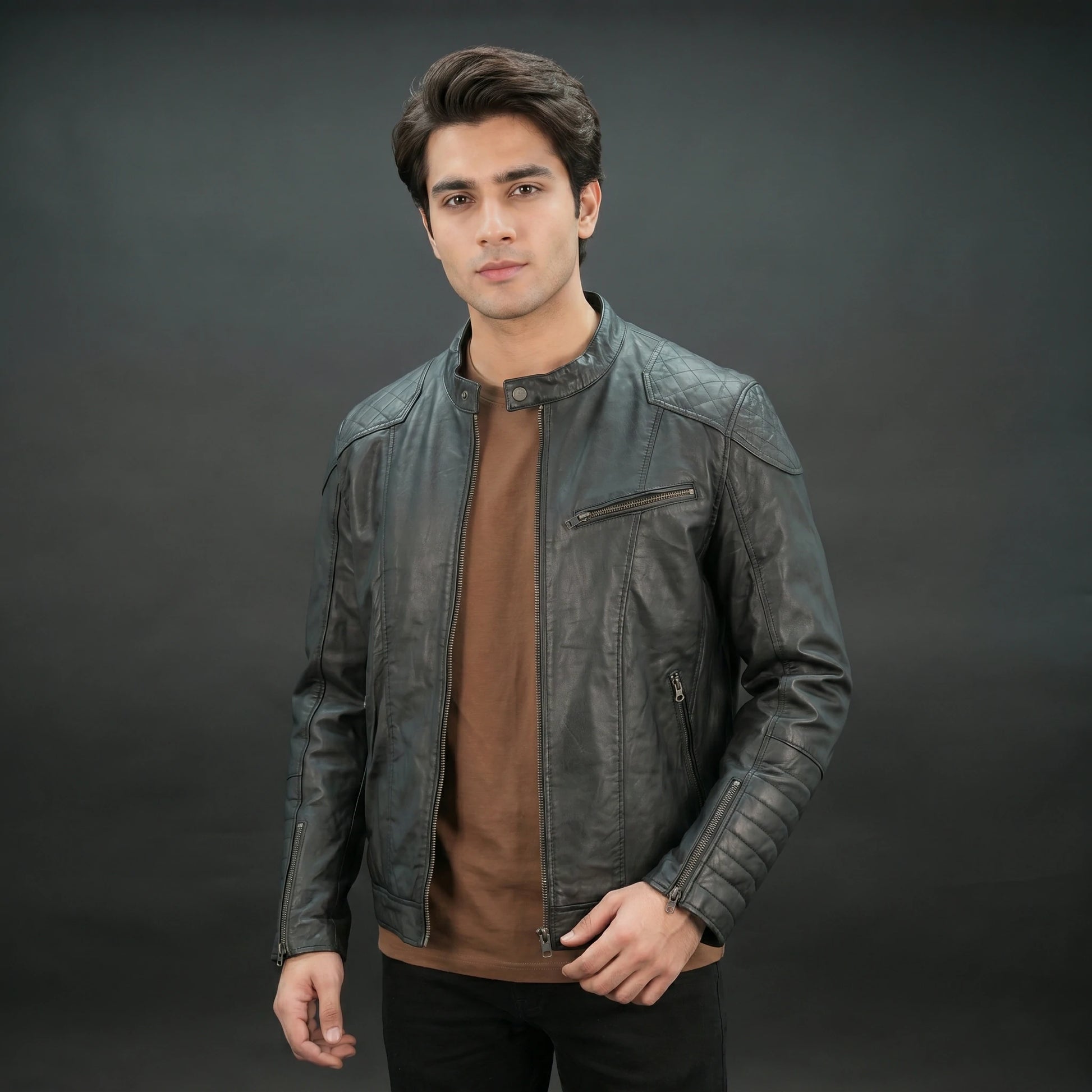 Men's Black Leather Biker Jacket - Quilted Shoulder Zip-Up Moto Jacket
#Desiderio #BikerJacket #LeatherJacket #MotoJacket #MensFashion