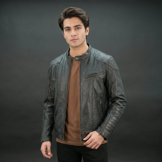 Men's Black Leather Biker Jacket - Quilted Shoulder Zip-Up Moto Jacket
#Desiderio #BikerJacket #LeatherJacket #MotoJacket #MensFashion