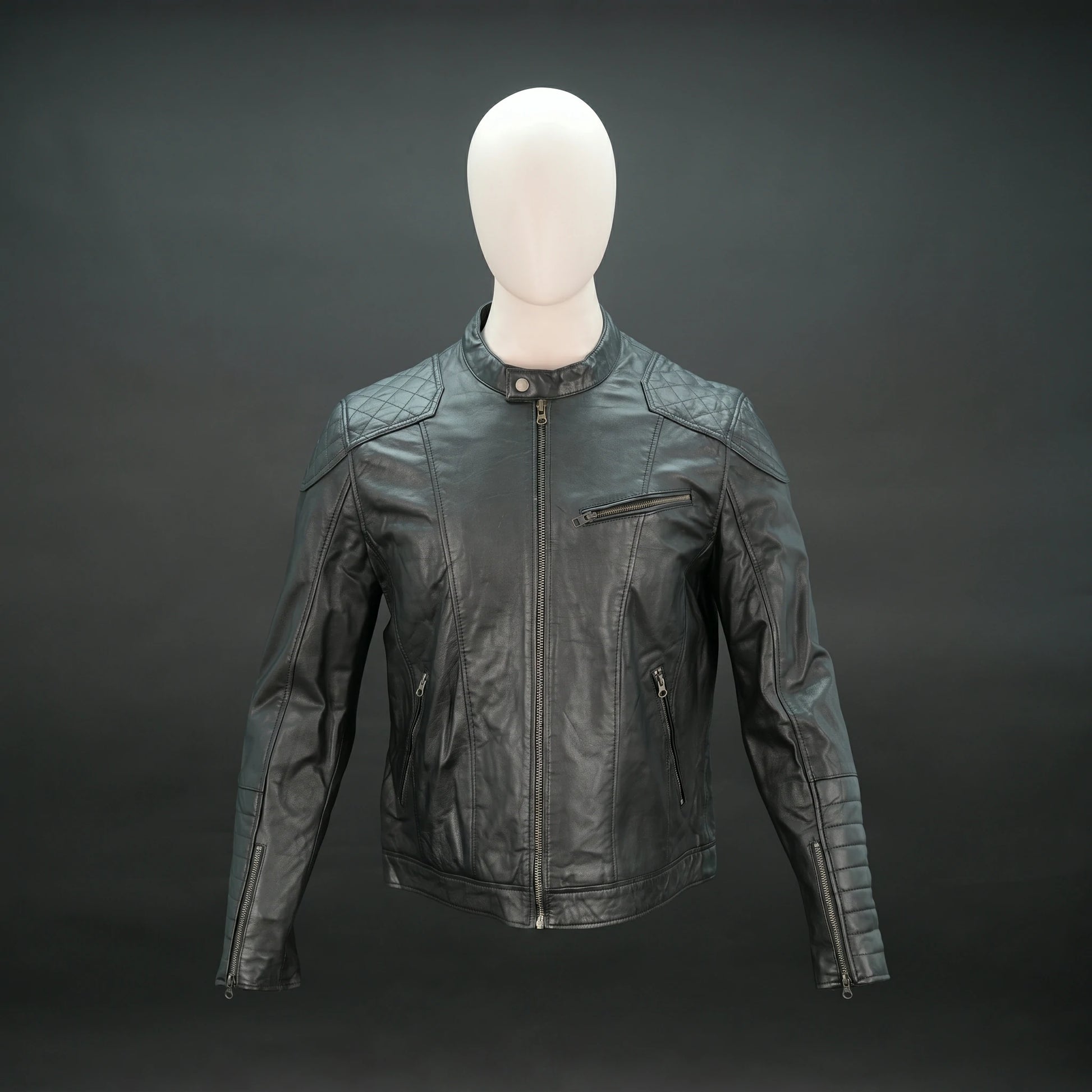 Men's Black Leather Biker Jacket - Quilted Shoulder Zip-Up Moto Jacket
#Desiderio #BikerJacket #LeatherJacket #MotoJacket #MensFashion