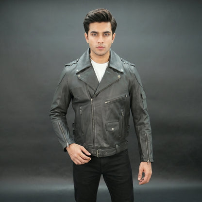 Men black leather biker jacket with asymmetrical zip and buckle belt.