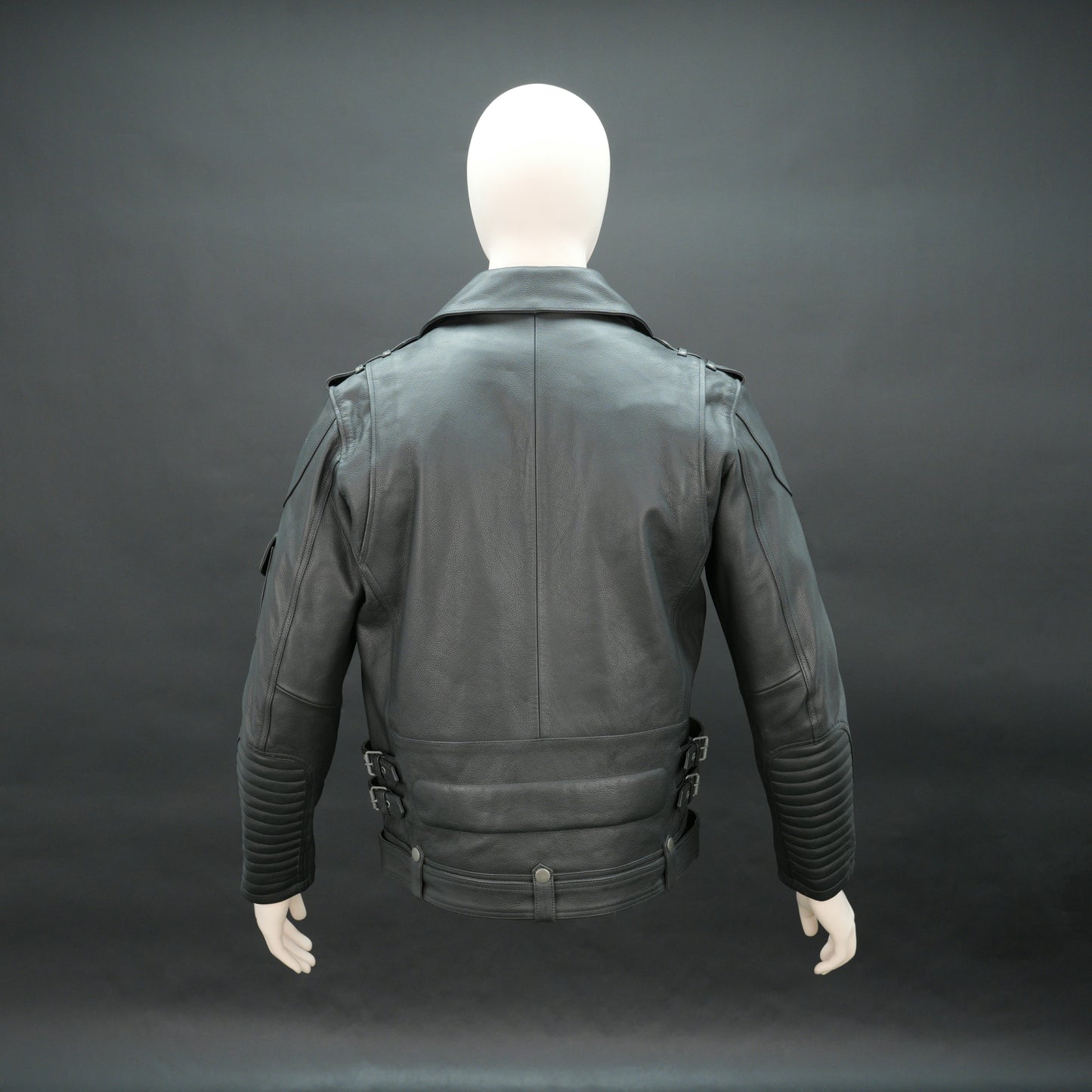 Men black leather biker jacket with asymmetrical zip and buckle belt.
