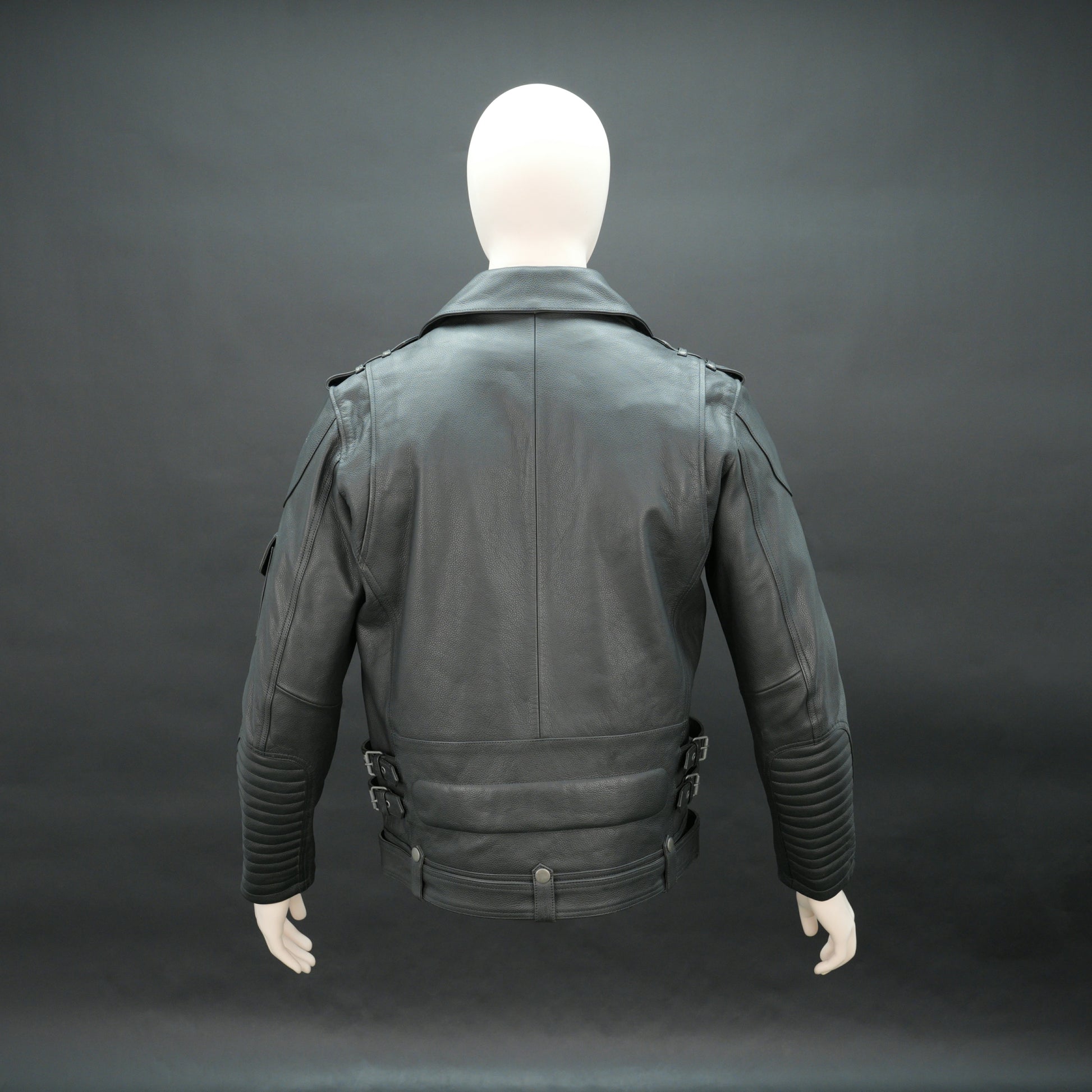 Men black leather biker jacket with asymmetrical zip and buckle belt.