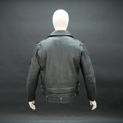 Men black leather biker jacket with asymmetrical zip and buckle belt.