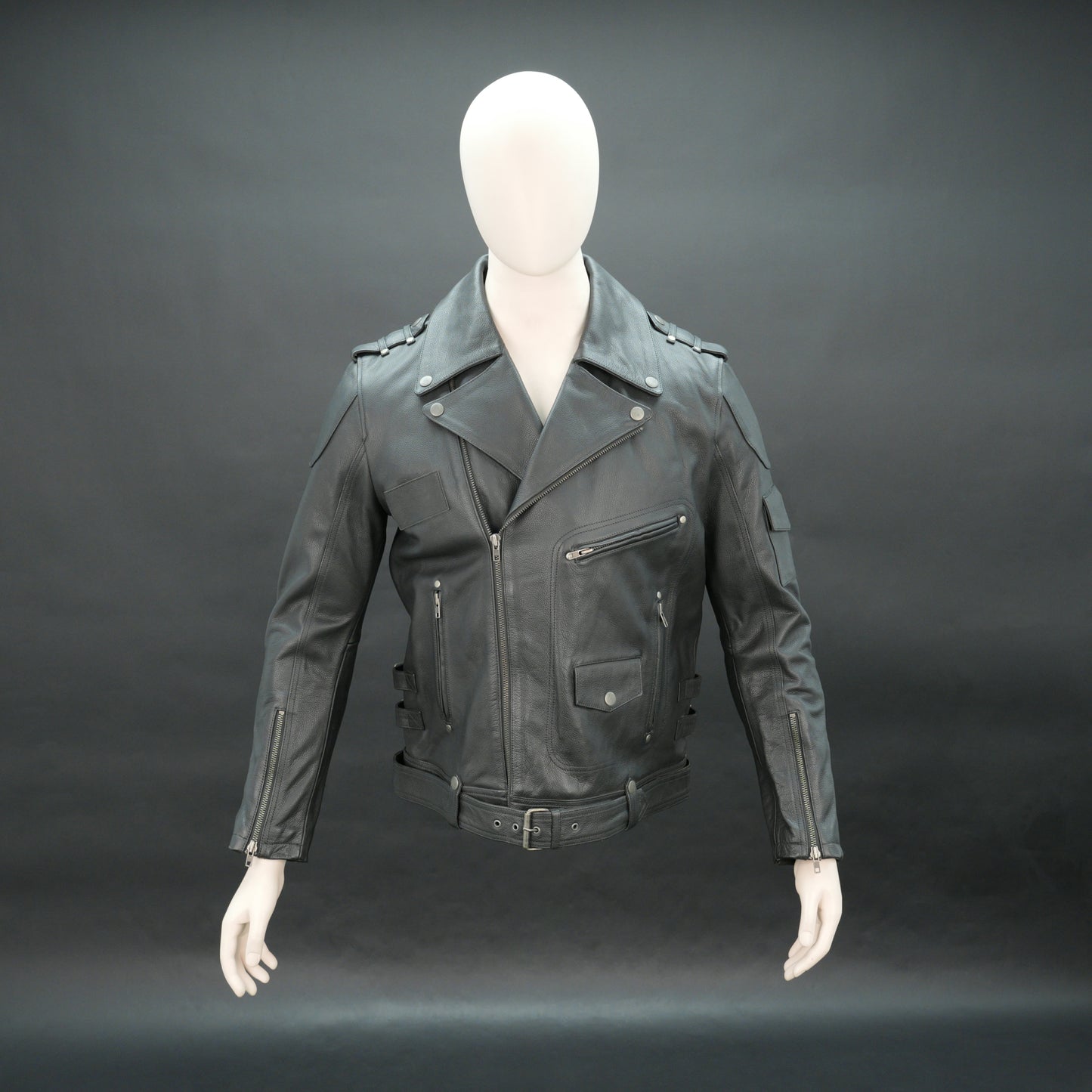 Men black leather biker jacket with asymmetrical zip and buckle belt.