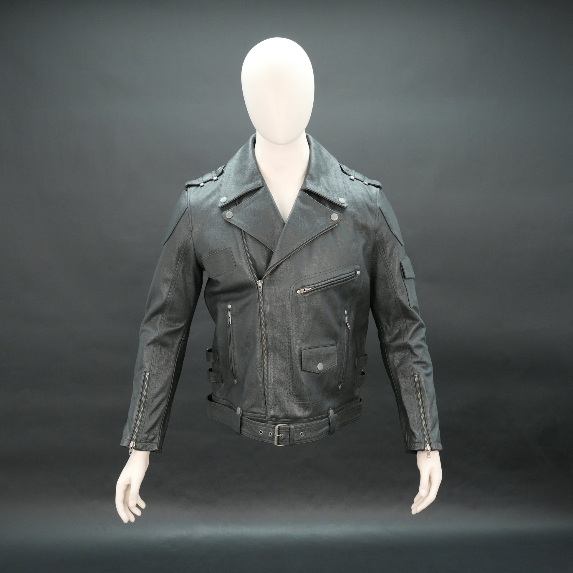 Men black leather biker jacket with asymmetrical zip and buckle belt.