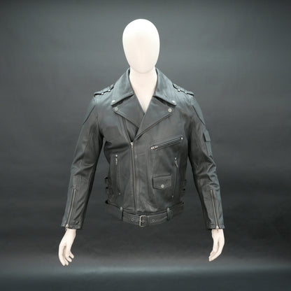 Men black leather biker jacket with asymmetrical zip and buckle belt.
