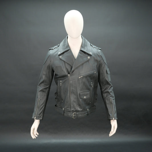 Men black leather biker jacket with asymmetrical zip and buckle belt.