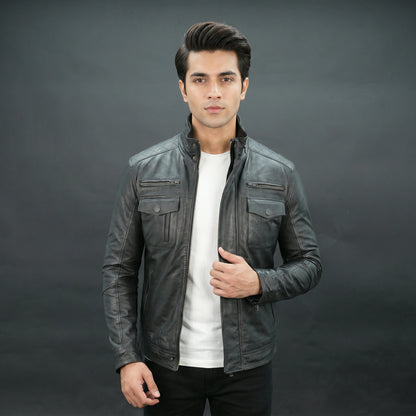 Men black leather biker jacket with quilted shoulders and flap pockets