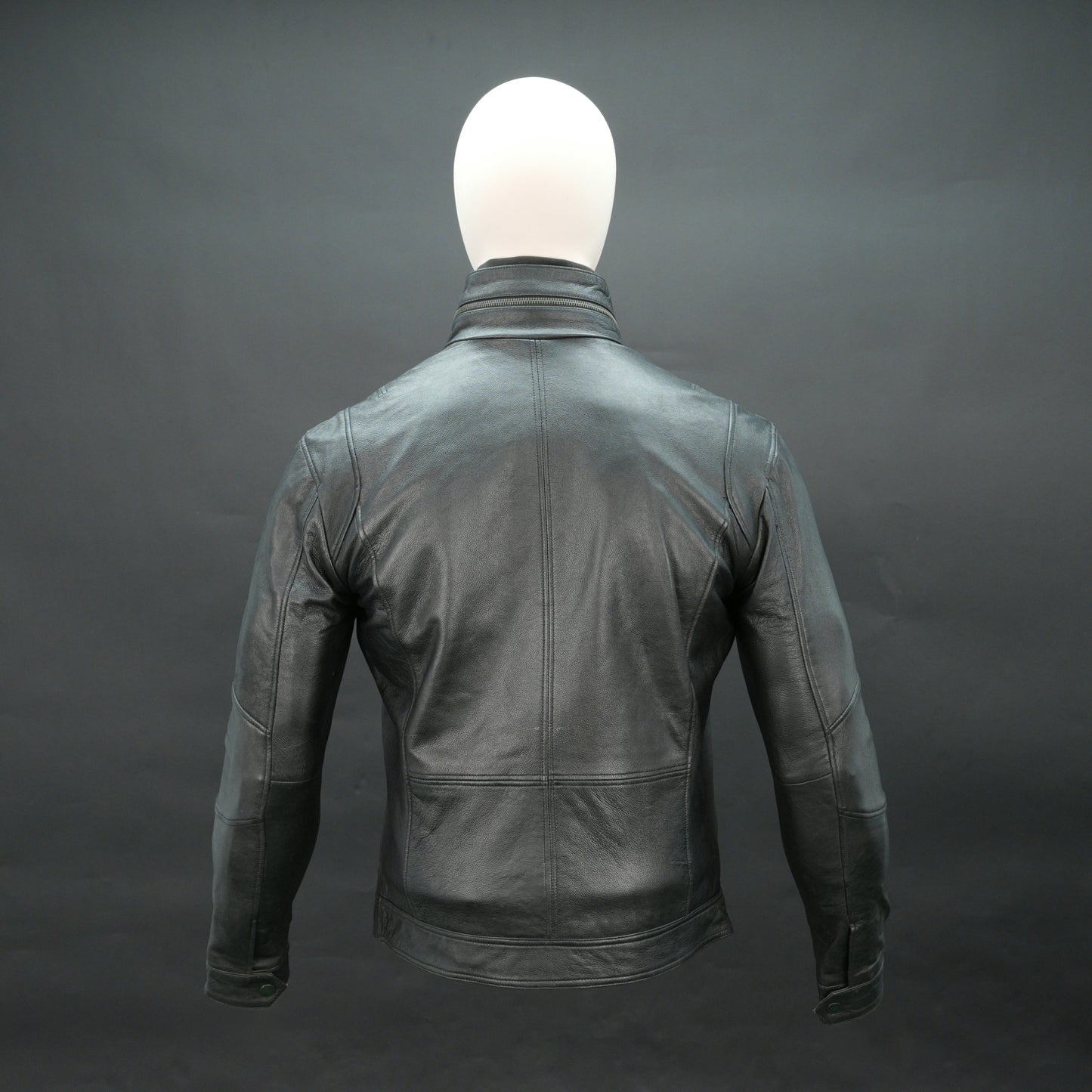 Men black leather biker jacket with quilted shoulders and flap pockets