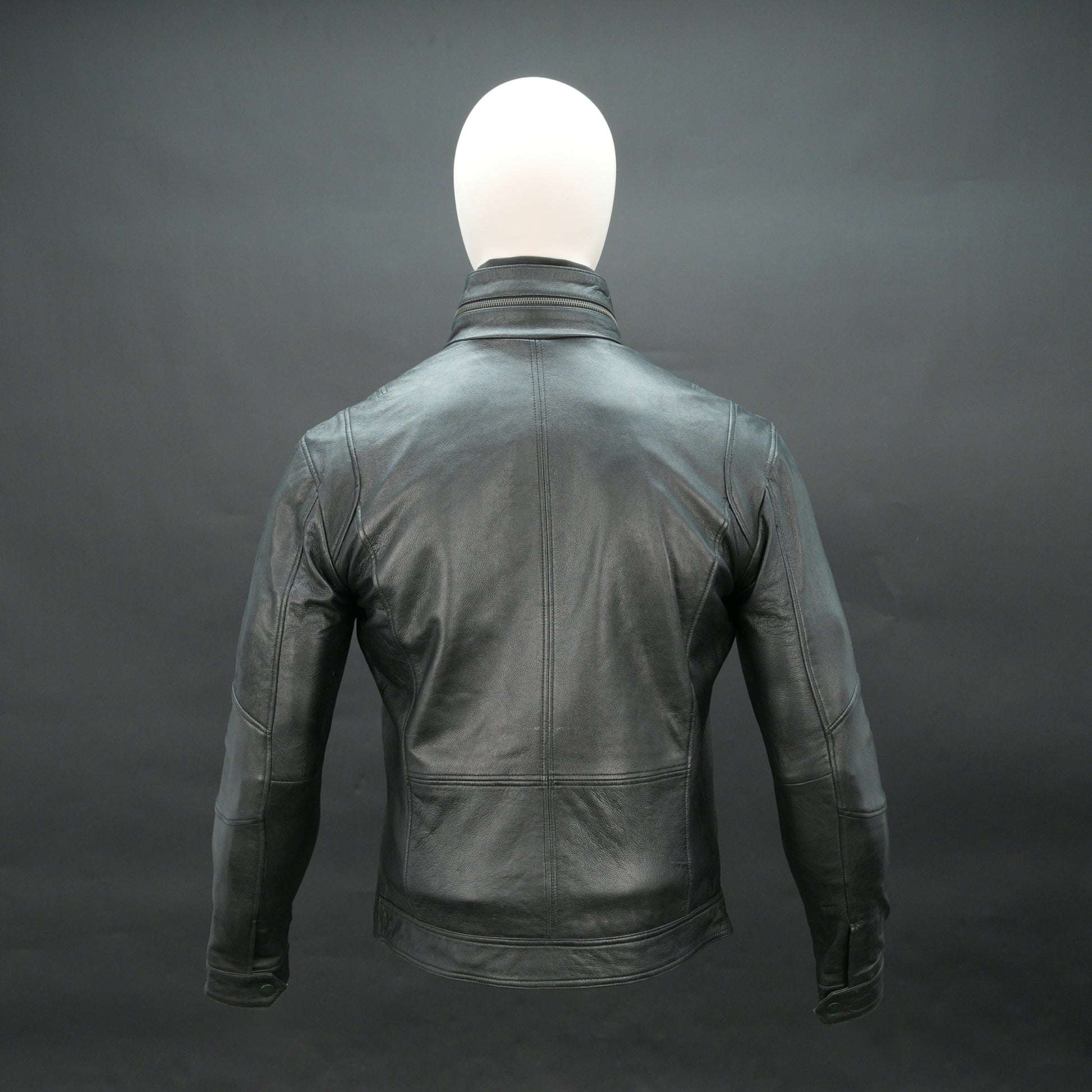 Men black leather biker jacket with quilted shoulders and flap pockets