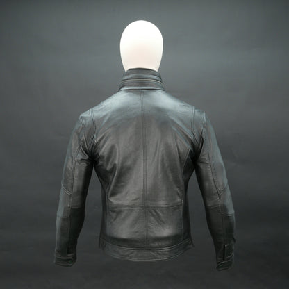 Men black leather biker jacket with quilted shoulders and flap pockets