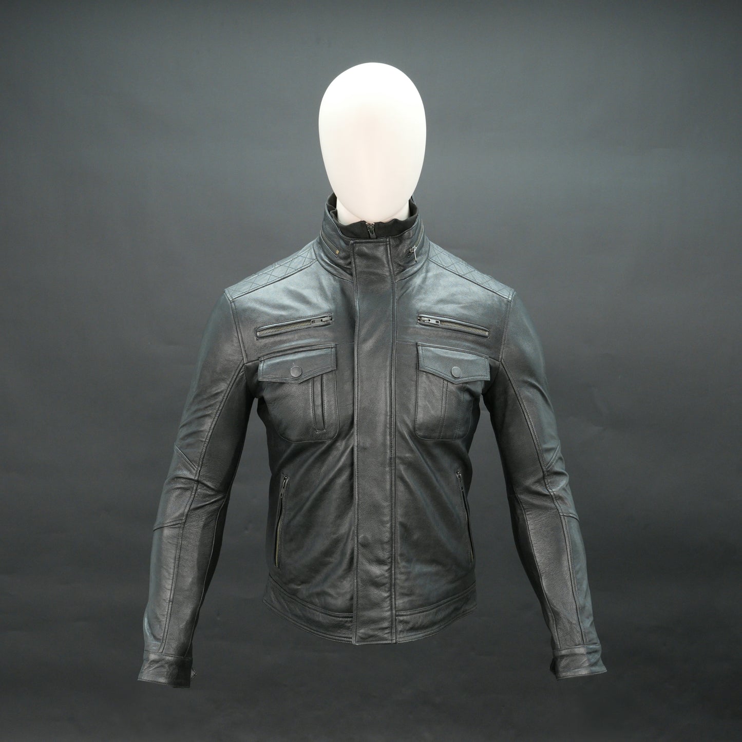 Men black leather biker jacket with quilted shoulders and flap pockets