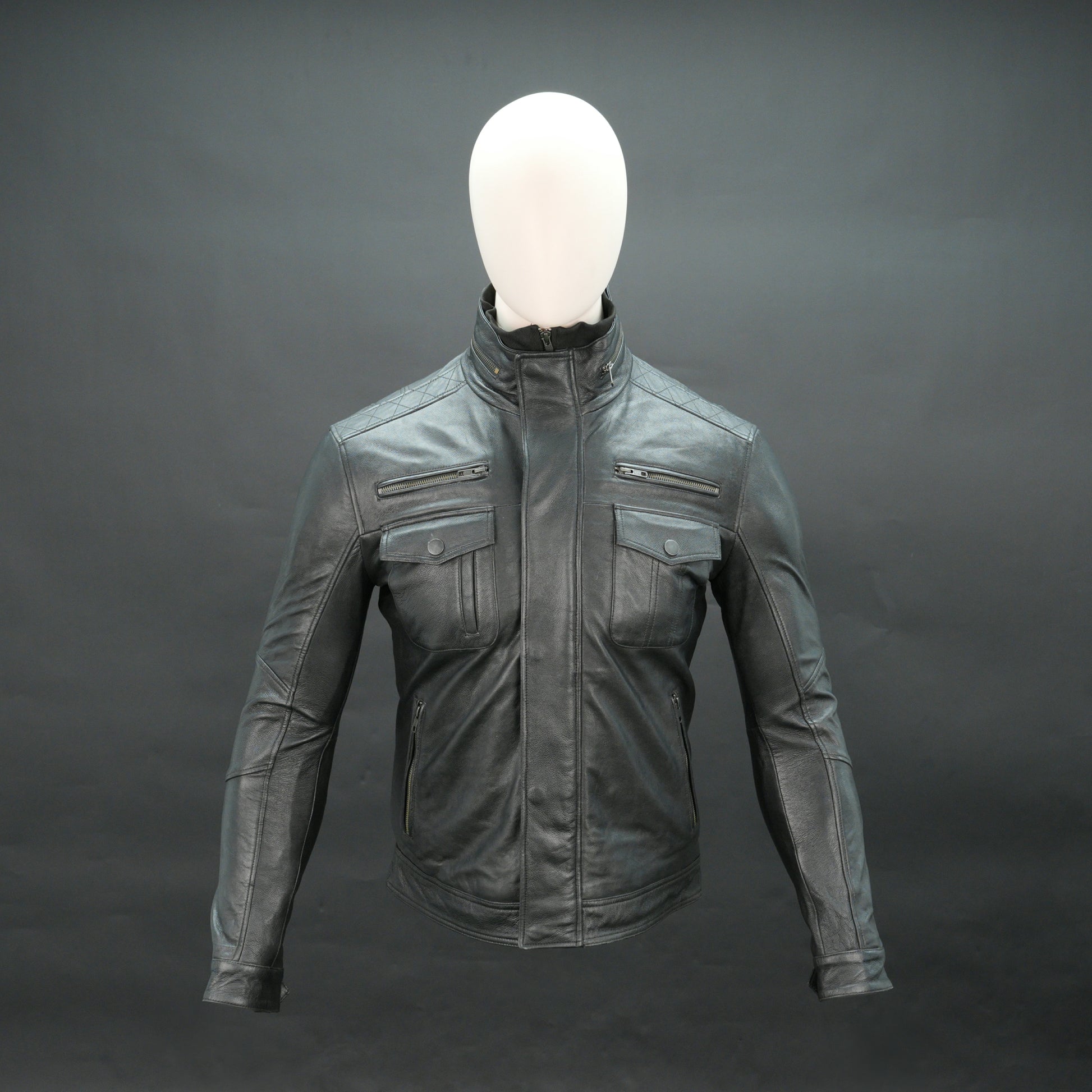 Men black leather biker jacket with quilted shoulders and flap pockets