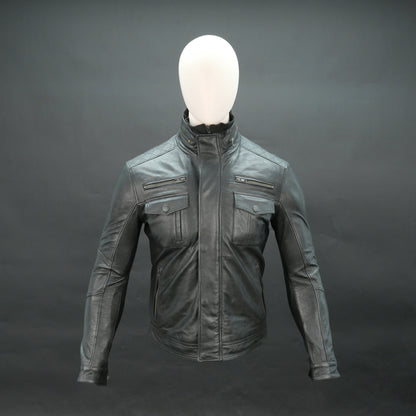 Men black leather biker jacket with quilted shoulders and flap pockets