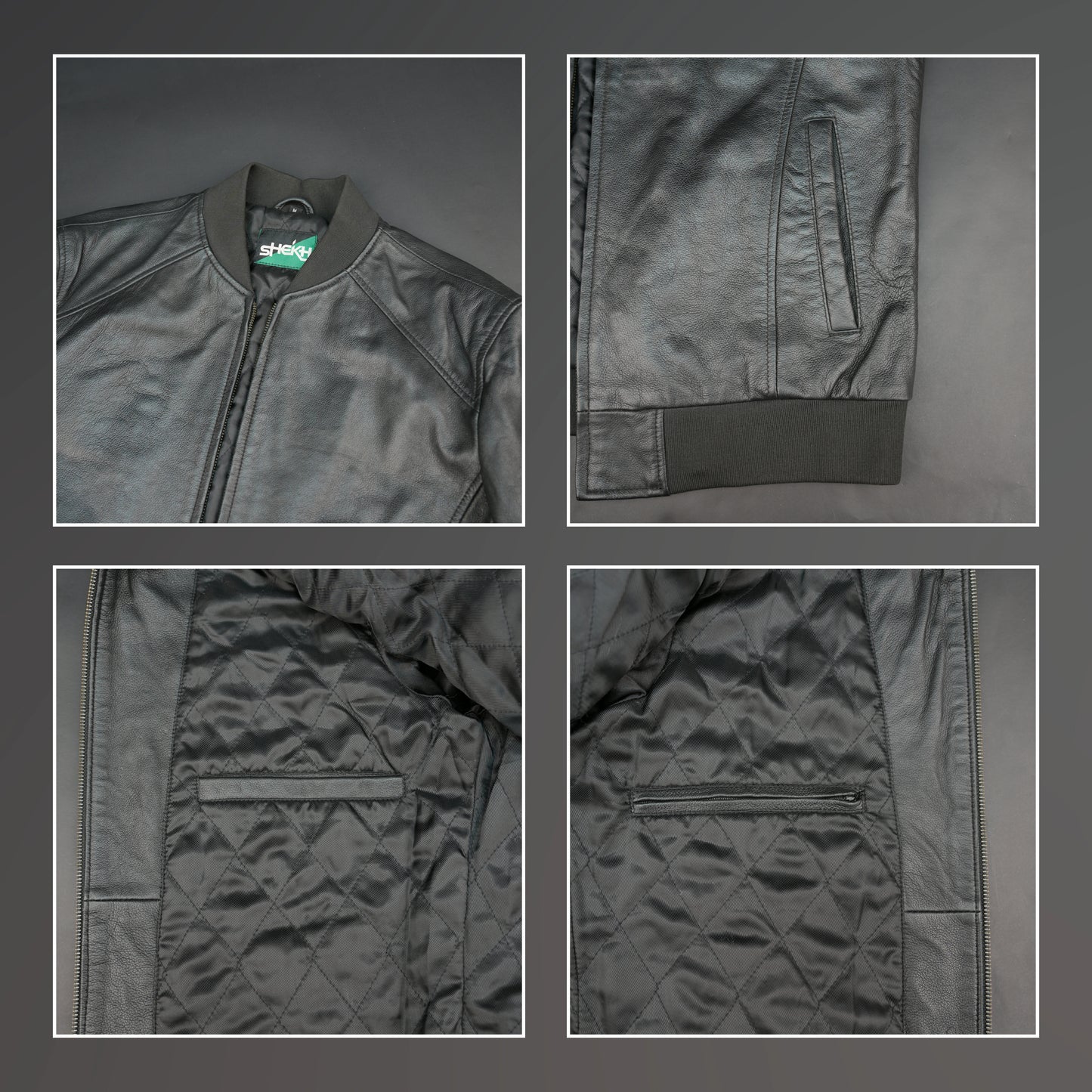 Men's black leather bomber jacket with ribbed collar and slim fit