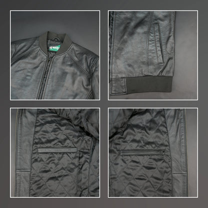 Men's black leather bomber jacket with ribbed collar and slim fit