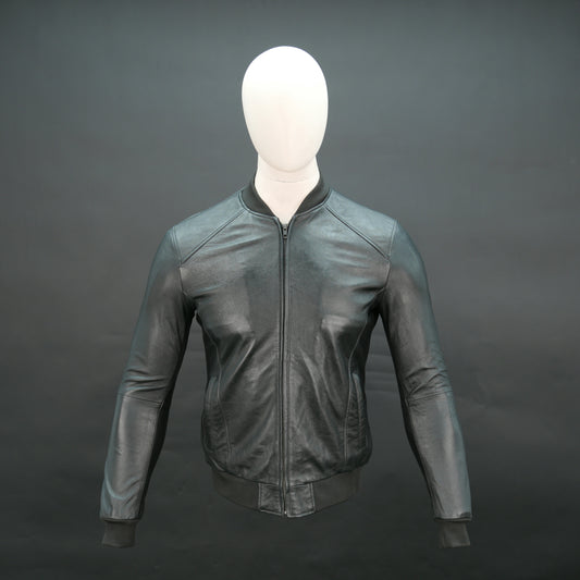 Men's black lambskin bomber jacket with ribbed collar and slim fit