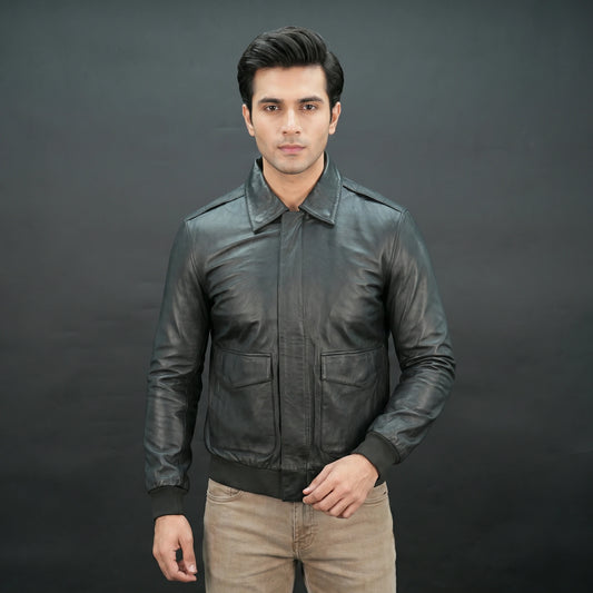 Men's genuine leather jacket with flap pockets and ribbed hem