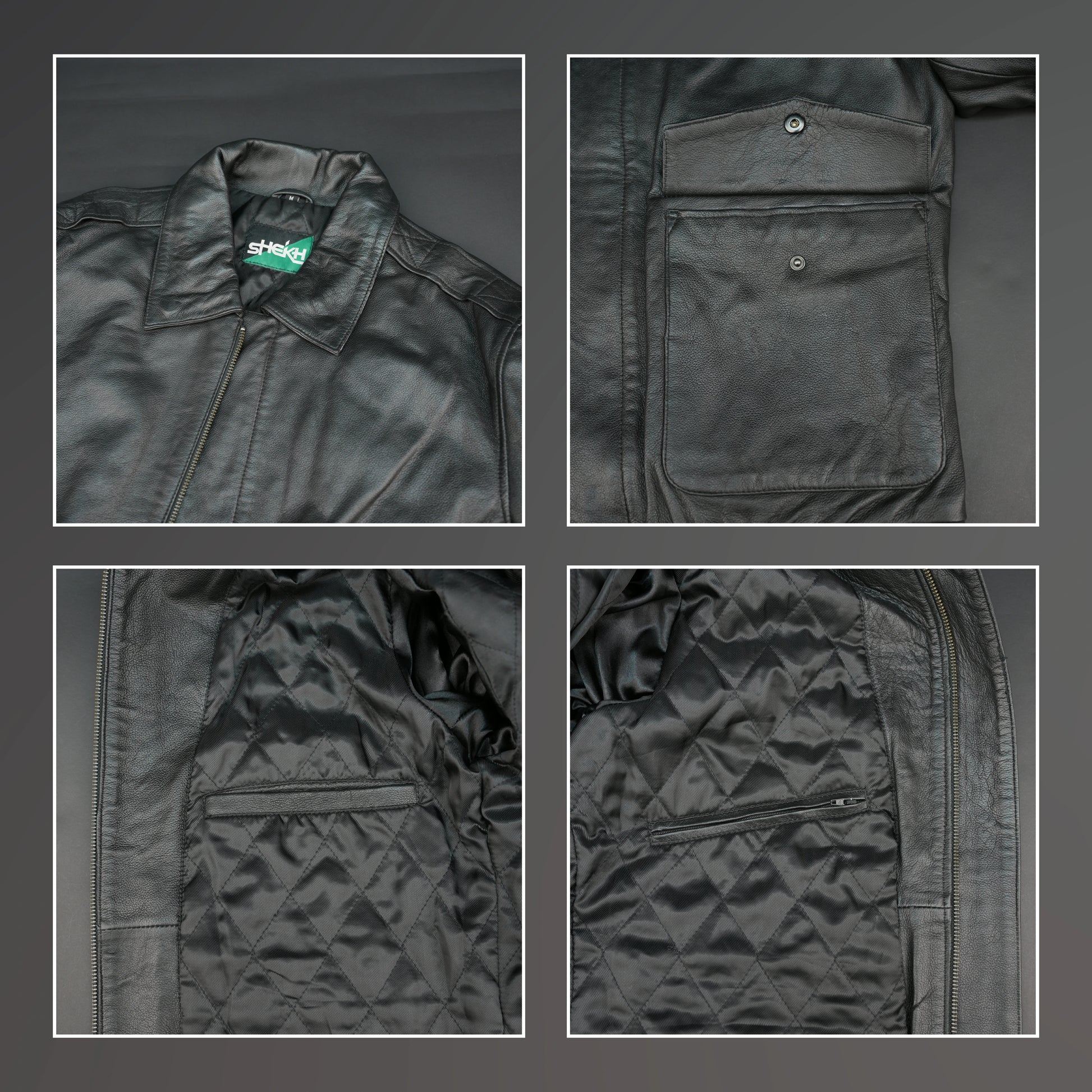 Men's genuine leather jacket with flap pockets and ribbed hem
