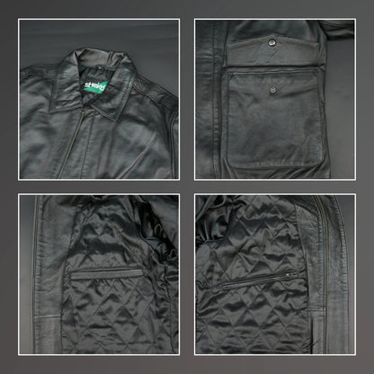 Men's genuine leather jacket with flap pockets and ribbed hem