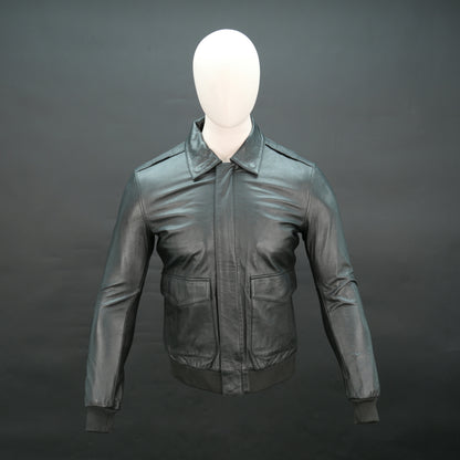 Men's genuine leather jacket with flap pockets and ribbed hem