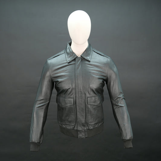 Men's genuine leather jacket with flap pockets and ribbed hem