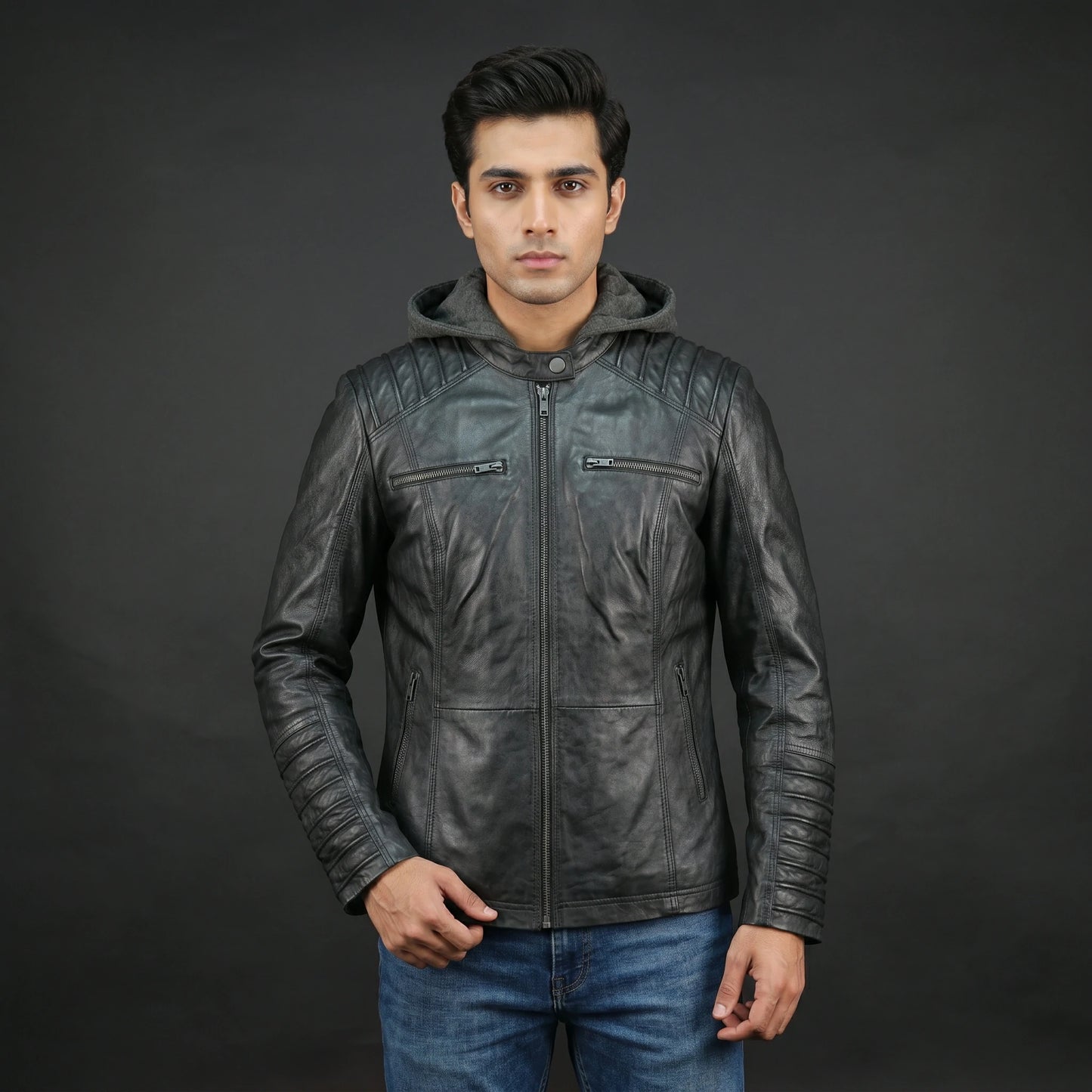Men's Black Leather Hooded Biker Jacket - Quilted Zip-Up Moto Jacket
#Desiderio #BikerJacket #LeatherJacket #MotoJacket #MensFashion