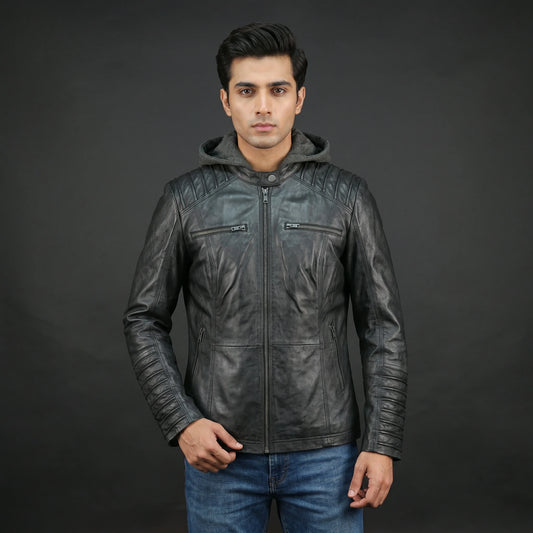 Men's Black Leather Hooded Biker Jacket - Quilted Zip-Up Moto Jacket
#Desiderio #BikerJacket #LeatherJacket #MotoJacket #MensFashion