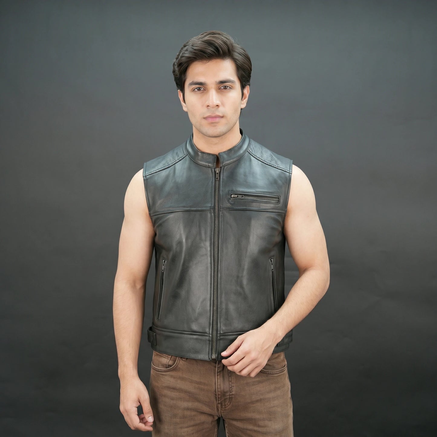 Men's black leather sleeveless vest with stand collar and zip pockets