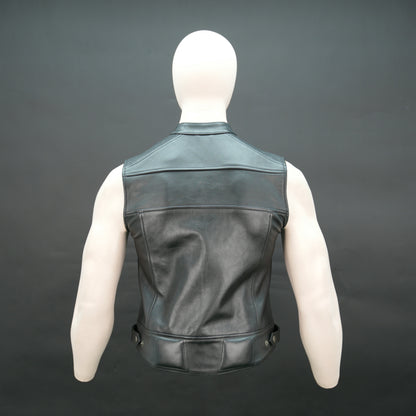 Men's black leather sleeveless vest with stand collar and zip pockets