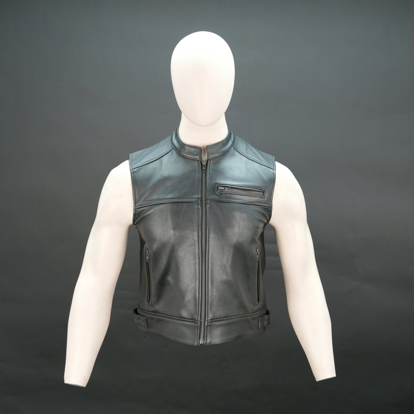 Men's black leather sleeveless vest with stand collar and zip pockets