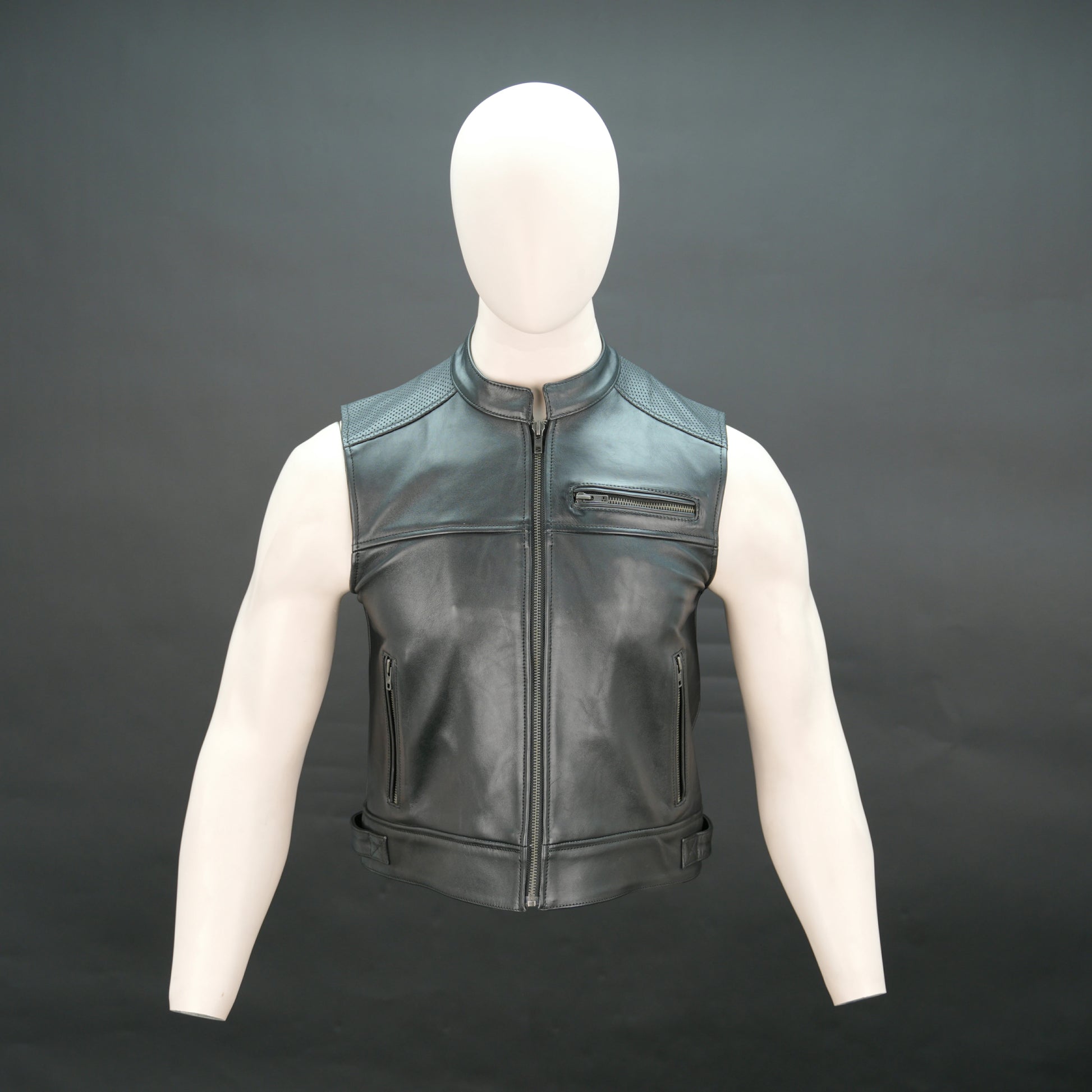 Men's black leather sleeveless vest with stand collar and zip pockets