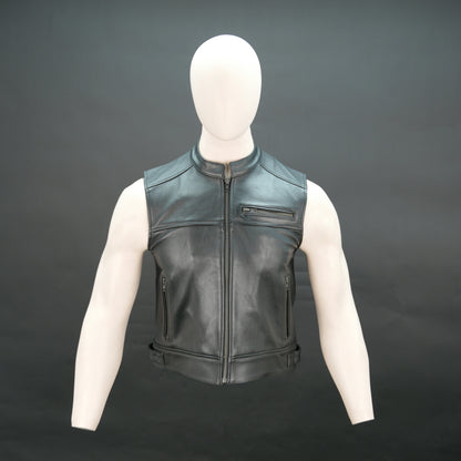 Men's black leather sleeveless vest with stand collar and zip pockets