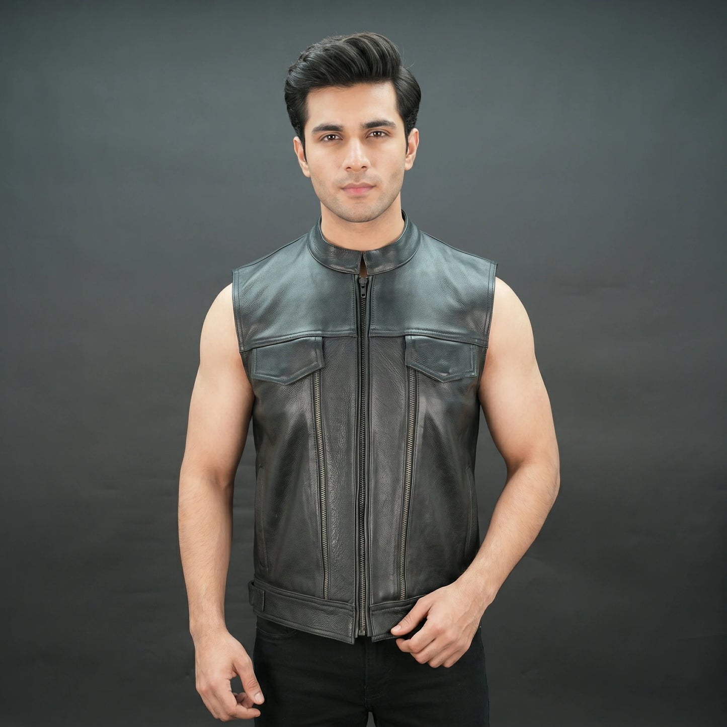 Men's Black Leather Vest - Zip-Up Mandarin Collar Biker Vest
#Desiderio #LeatherVest #BikerVest #MensFashion #MotorcycleGear