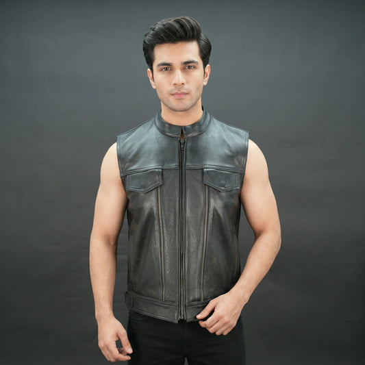 Men's Black Leather Vest - Zip-Up Mandarin Collar Biker Vest
#Desiderio #LeatherVest #BikerVest #MensFashion #MotorcycleGear