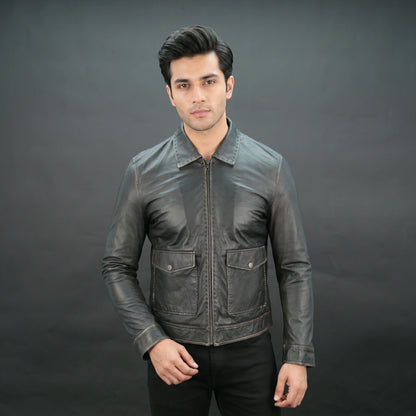 Men's black lambskin leather jacket with shirt collar and slim fit