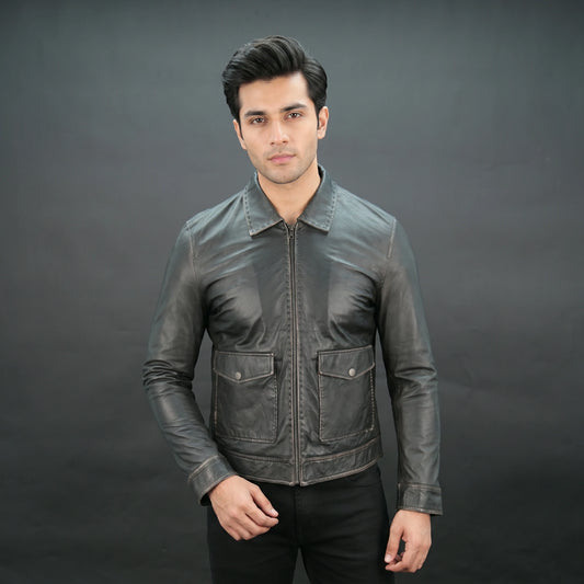 Men's black lambskin leather jacket with shirt collar and slim fit