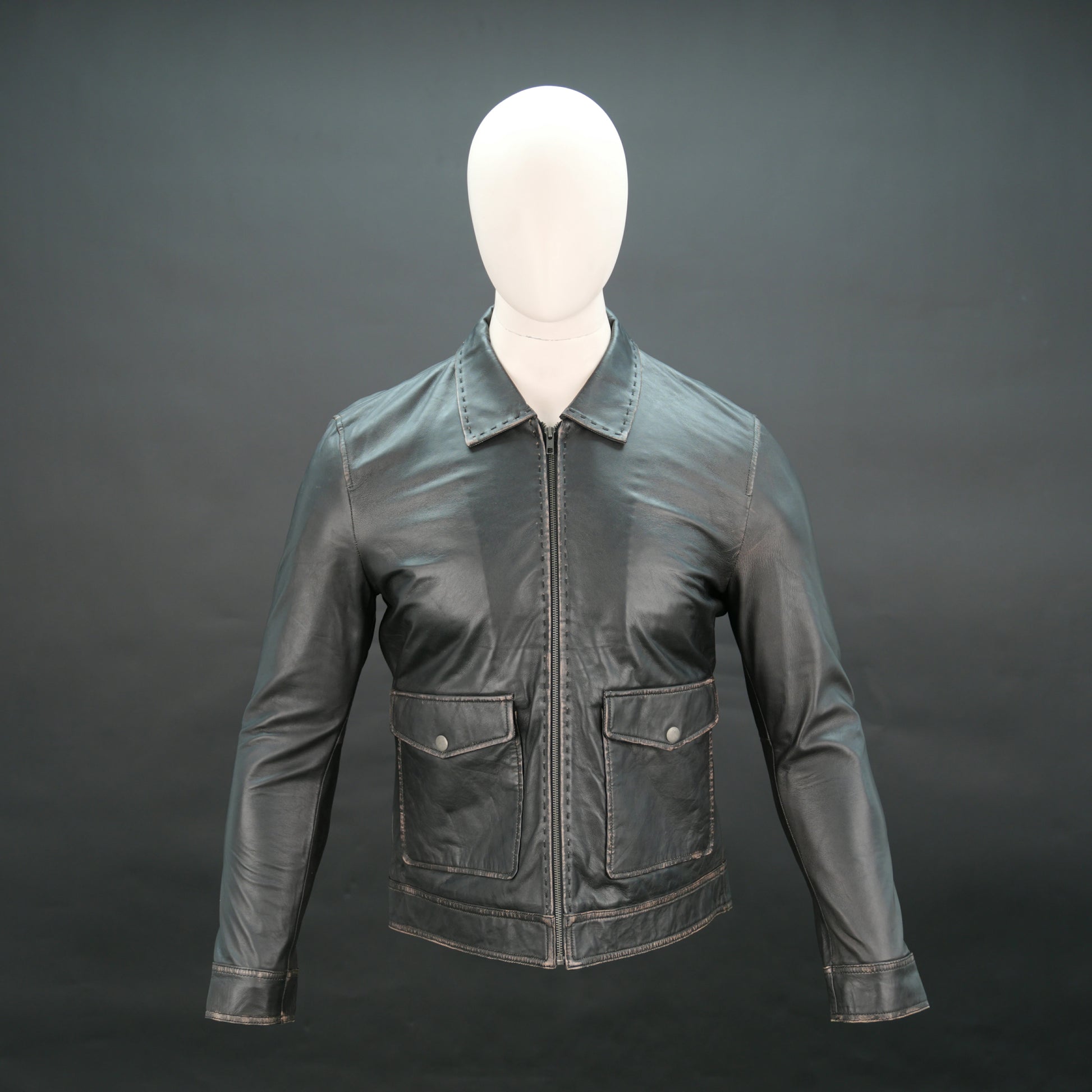 Men's black lambskin leather jacket with shirt collar and slim fit