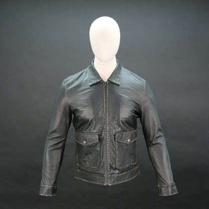 Men's black lambskin leather jacket with shirt collar and slim fit