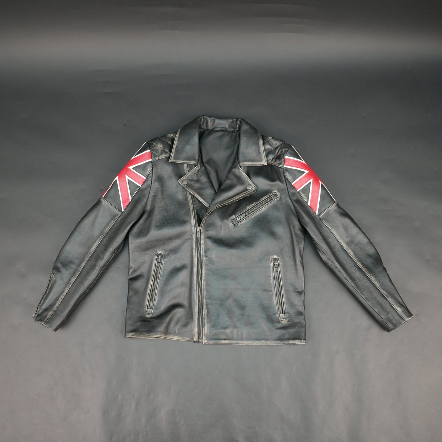Mens Black Real Leather Biker Jacket with UK Union Jack Flag Patches - Vintage Style Motorcycle Rider Jacket #Desiderio #LeatherJacket #BikerJacket #MotorcycleJacket #VintageStyle #GenuineLeather #MensFashion #RiderGear