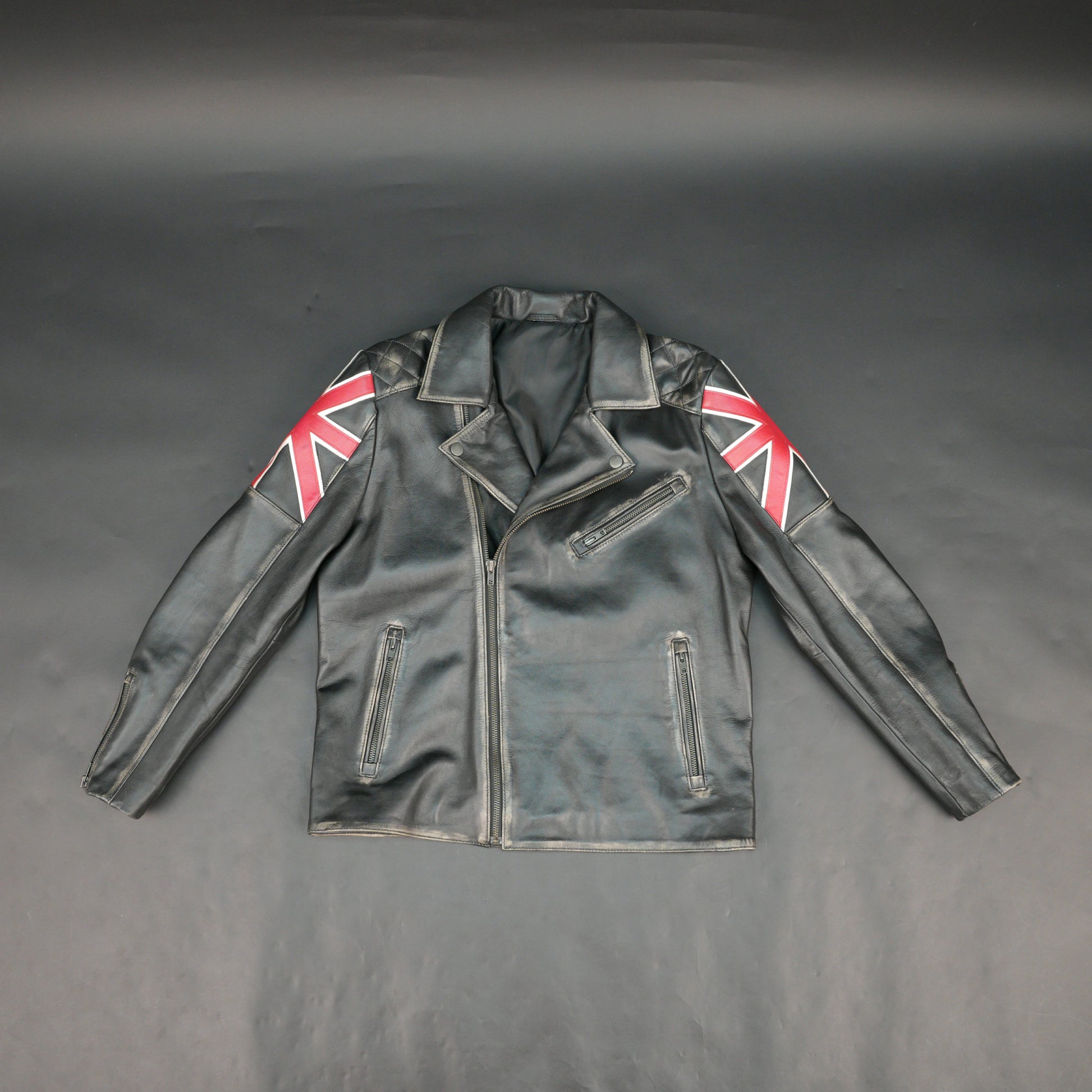 Mens Black Real Leather Biker Jacket with UK Union Jack Flag Patches - Vintage Style Motorcycle Rider Jacket #Desiderio #LeatherJacket #BikerJacket #MotorcycleJacket #VintageStyle #GenuineLeather #MensFashion #RiderGear