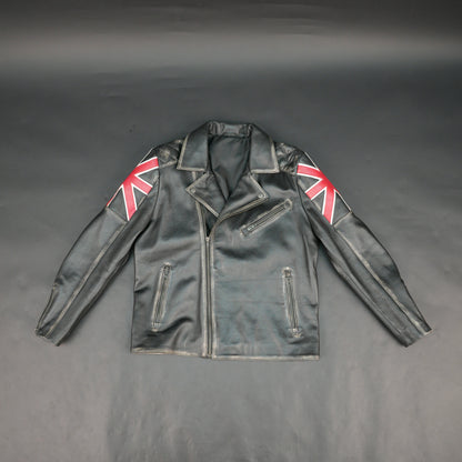 Mens Black Real Leather Biker Jacket with UK Union Jack Flag Patches - Vintage Style Motorcycle Rider Jacket #Desiderio #LeatherJacket #BikerJacket #MotorcycleJacket #VintageStyle #GenuineLeather #MensFashion #RiderGear