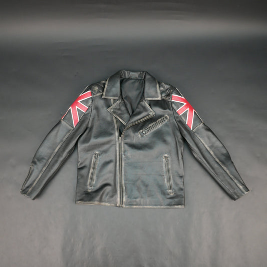 Mens Black Real Leather Biker Jacket with UK Union Jack Flag Patches - Vintage Style Motorcycle Rider Jacket #Desiderio #LeatherJacket #BikerJacket #MotorcycleJacket #VintageStyle #GenuineLeather #MensFashion #RiderGear
