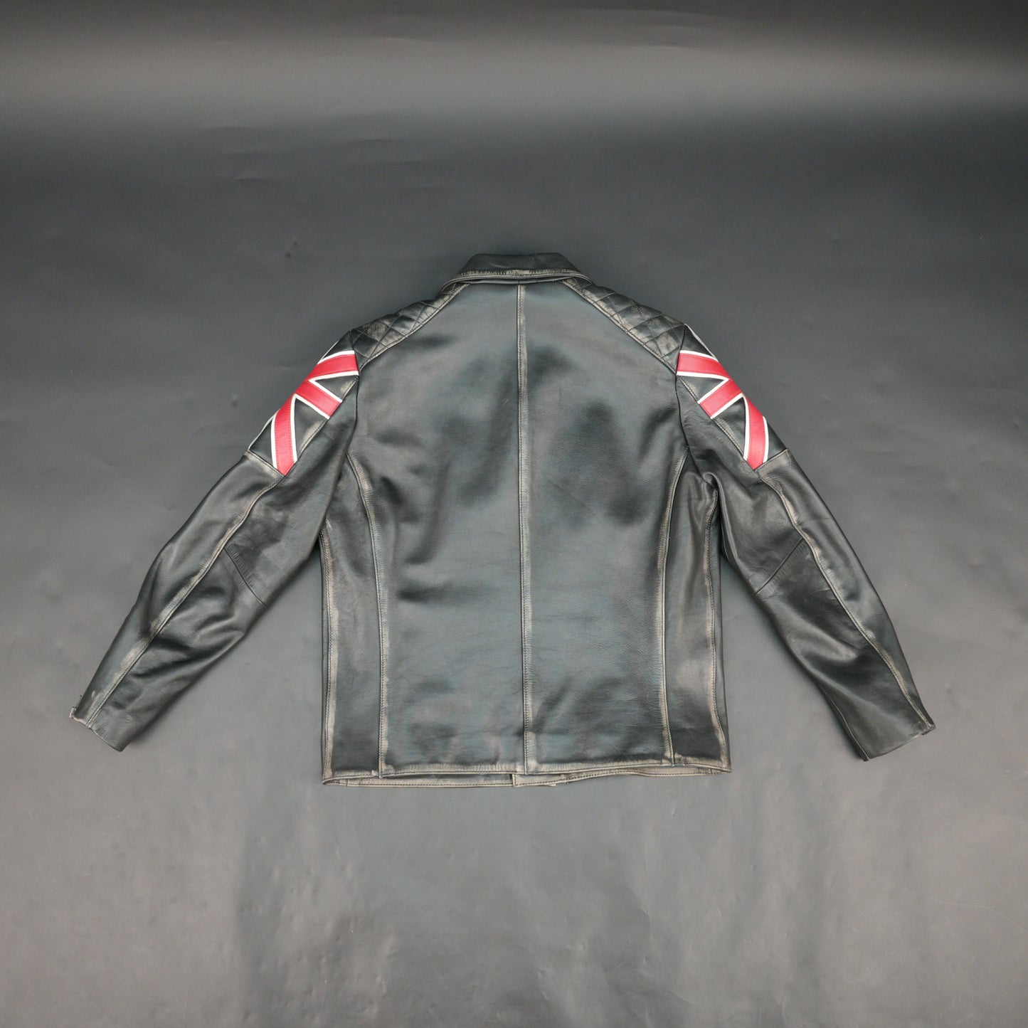 Mens Black Real Leather Biker Jacket with UK Union Jack Flag Patches - Vintage Style Motorcycle Rider Jacket #Desiderio #LeatherJacket #BikerJacket #MotorcycleJacket #VintageStyle #GenuineLeather #MensFashion #RiderGear