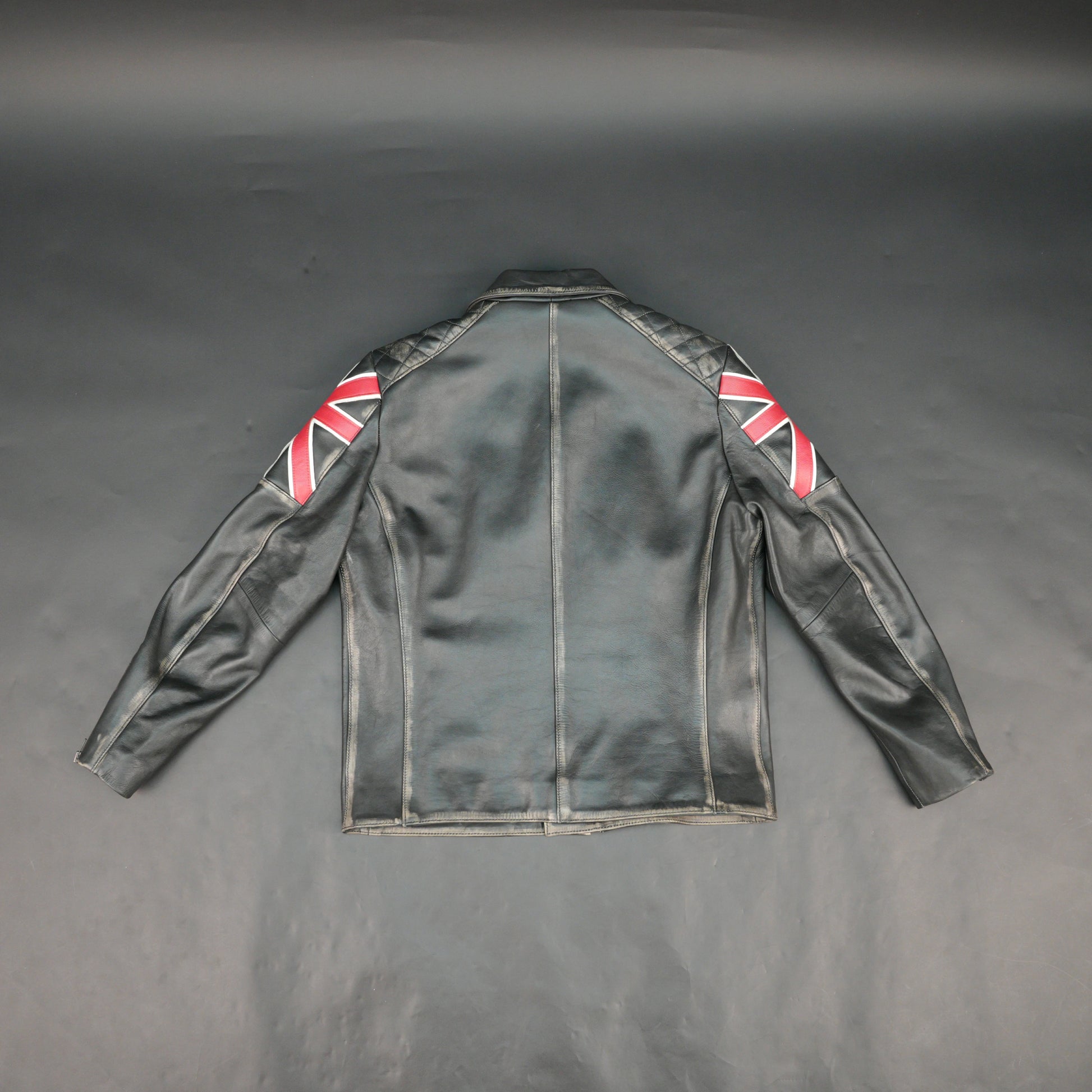 Mens Black Real Leather Biker Jacket with UK Union Jack Flag Patches - Vintage Style Motorcycle Rider Jacket #Desiderio #LeatherJacket #BikerJacket #MotorcycleJacket #VintageStyle #GenuineLeather #MensFashion #RiderGear