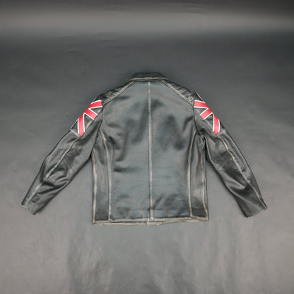 Mens Black Real Leather Biker Jacket with UK Union Jack Flag Patches - Vintage Style Motorcycle Rider Jacket #Desiderio #LeatherJacket #BikerJacket #MotorcycleJacket #VintageStyle #GenuineLeather #MensFashion #RiderGear